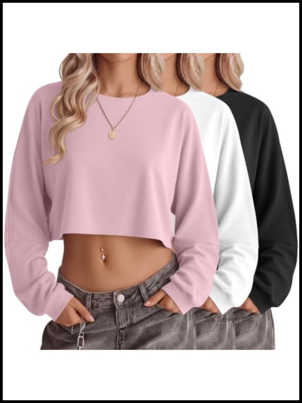 3 Pack Crop Tops Lantern Sleeve Crew Neck Sweatshirt Women Loose Fit
